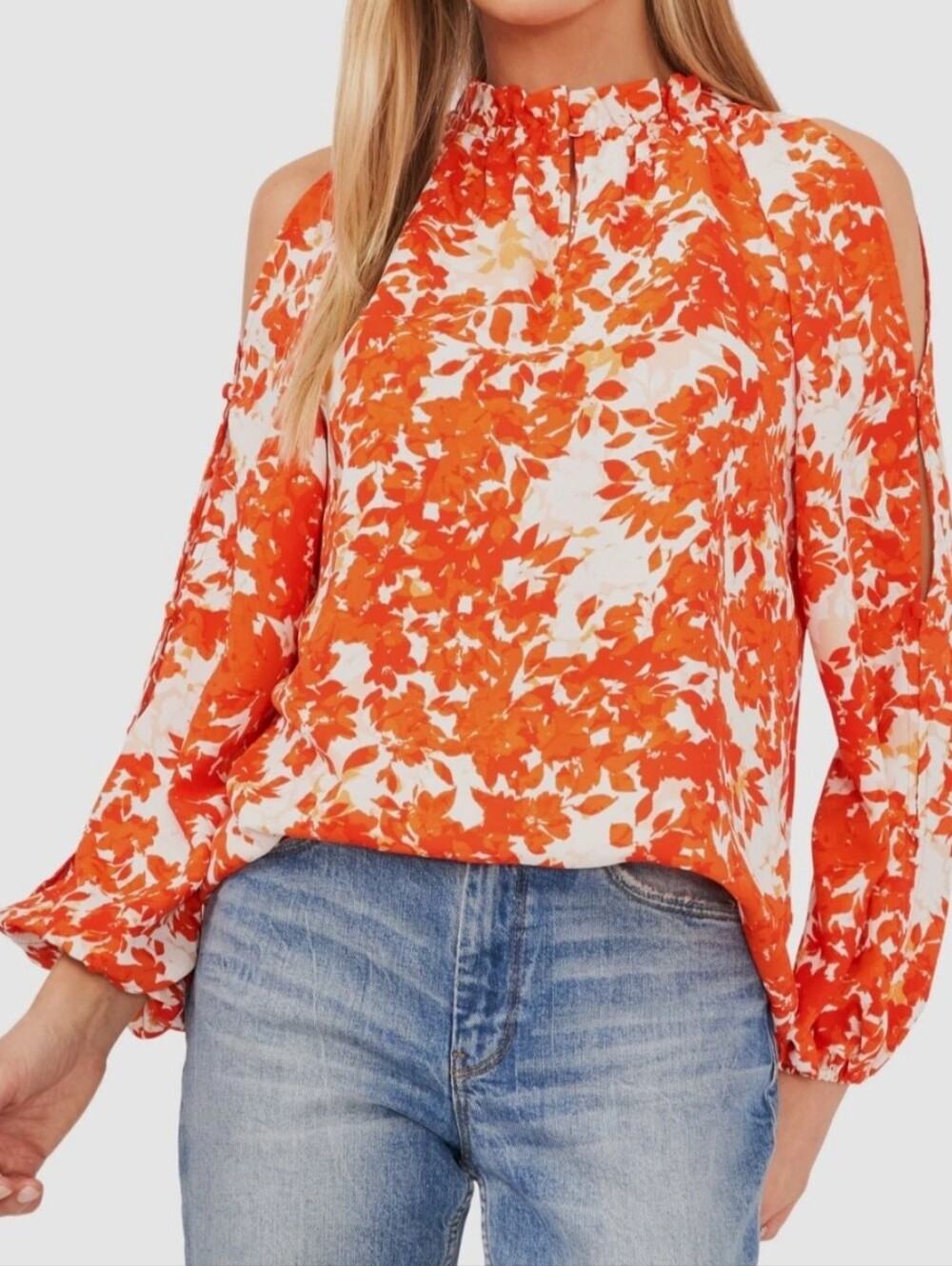 Vince Camuto Orange Citrus Splash Printed Split Shoulder Ruffle Neck Blouse Top